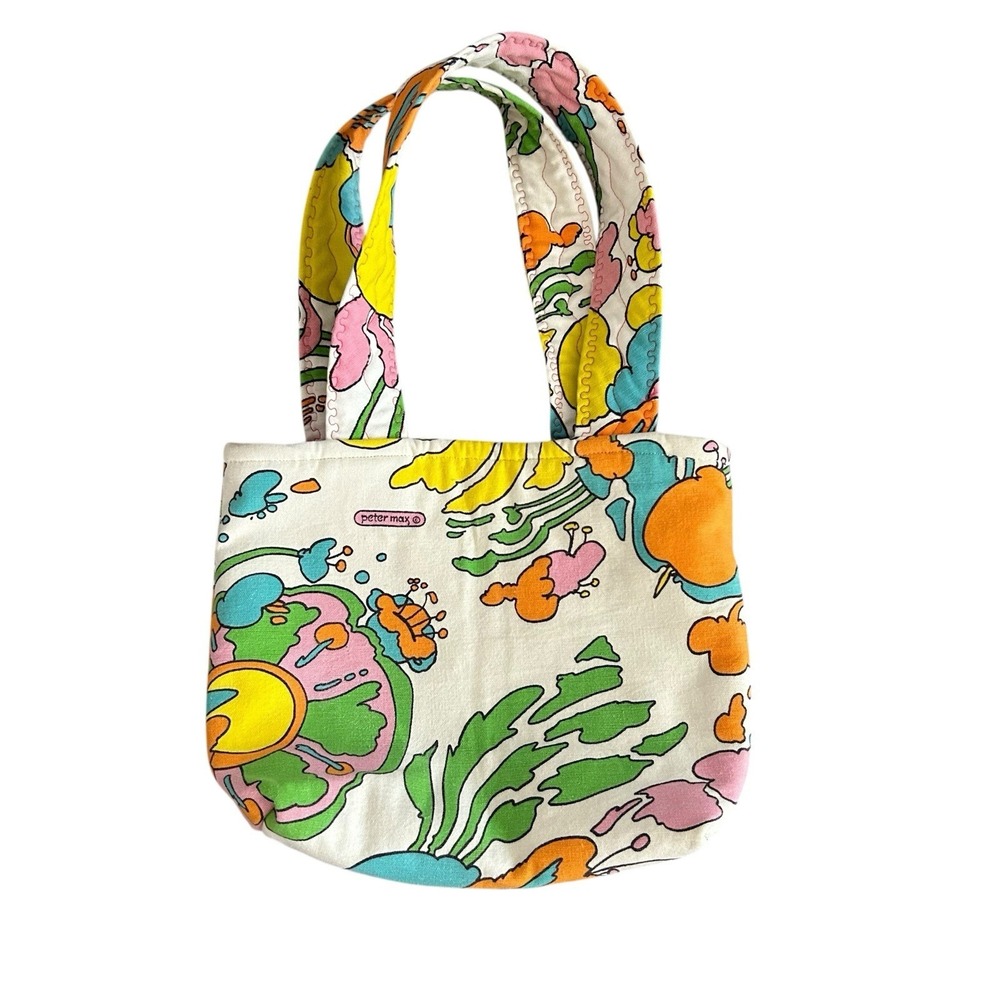 Vintage Peter Max Tote Purse Bag Psychedelic 1970's Double Sided Logo Multicolor